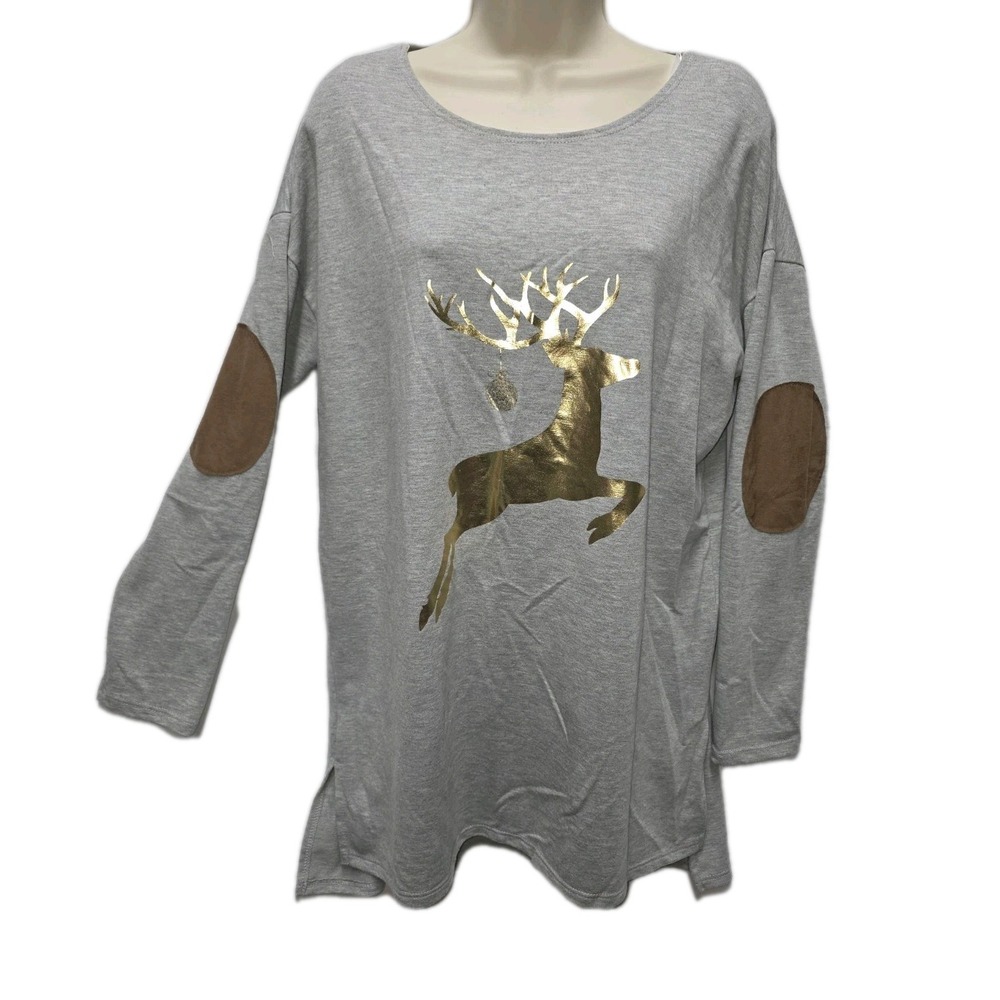 Christmas PaperMoon Gray Long Sleeved Gold Stag/Deer Motif w/Ornament Shirt Sz M